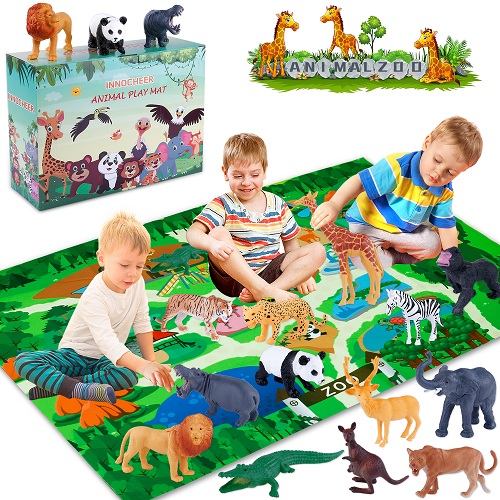 INNOCHEER Safari Animals Figures Toys with Play Mat