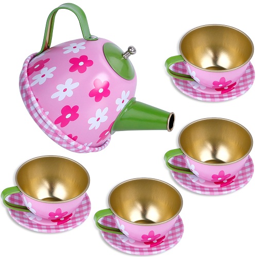 INNOCHEER Kids Pretend Toy Tin Tea Set & Carry Case