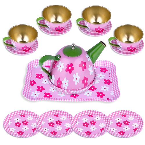 INNOCHEER Kids Pretend Toy Tin Tea Set & Carry Case